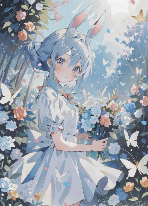 masterpiece, best quality, <lora:butterfly:0.6>, flowers, garden, 1girl, butterfly style, butterflies, <lora:Peko:0.4> , blue hair, rabbit ears,