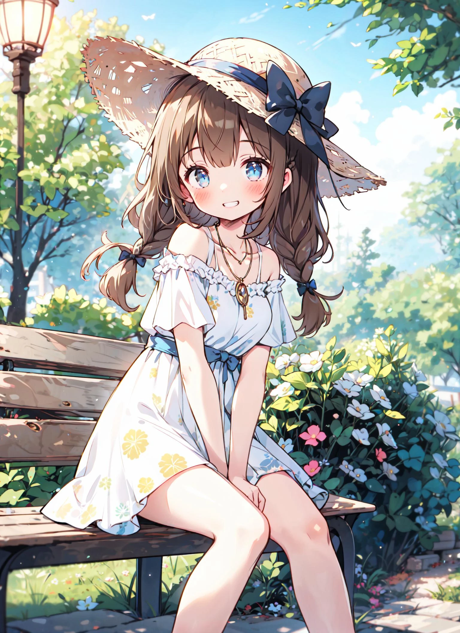 1girl, solo, smile, sitting, hat, shoulder cutout, braid, dress, brown hair, blue eyes, side braid, blush, long hair, bench, grin, outdoors, white dress, jewelry, clothing cutout, bangs, necklace, floral print, blurry, (hands between legs), blurry background, between legs, bow, facing viewer, breasts, bare shoulders, sun hat, straw hat, day, collarbone, hair bow, short sleeves, feet out of frame, ribbon, brown headwear, on bench, depth of field, park bench, ^_^, hair over shoulder, from side, looking at viewer,
<lora:butterfly:0.5>