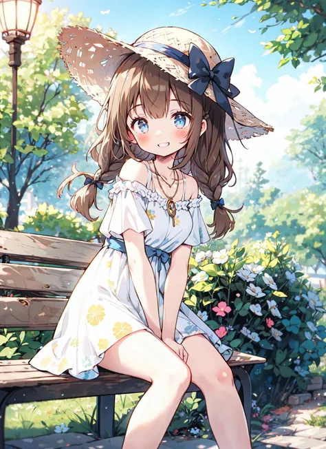 1girl, solo, smile, sitting, hat, shoulder cutout, braid, dress, brown hair, blue eyes, side braid, blush, long hair, bench, grin, outdoors, white dress, jewelry, clothing cutout, bangs, necklace, floral print, blurry, (hands between legs), blurry background, between legs, bow, facing viewer, breasts, bare shoulders, sun hat, straw hat, day, collarbone, hair bow, short sleeves, feet out of frame, ribbon, brown headwear, on bench, depth of field, park bench, ^_^, hair over shoulder, from side, looking at viewer, 
<lora:butterfly:0.5>