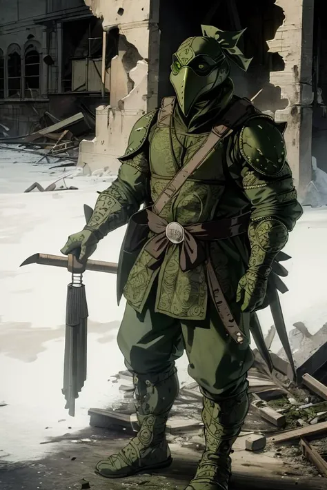 tmnt , <lora:tmnt87v2:0.9>, highres, sharp focus, ((intricate details)), highly detailed, green gas, green smoke, green fog, plague doctor, mask, gloves, plague doctor mask, bandage, tabard, medieval, tall, muscular, standing, in ruins, outdoors, <lora:plague doctor:0.6>