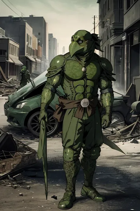 tmnt , <lora:tmnt87v2:0.9>, highres, sharp focus, ((intricate details)), highly detailed, green gas, green smoke, green fog, plague doctor, mask, gloves, plague doctor mask, bandage, tabard, medieval, tall, muscular, standing, in ruins, outdoors, <lora:plague doctor:0.6>