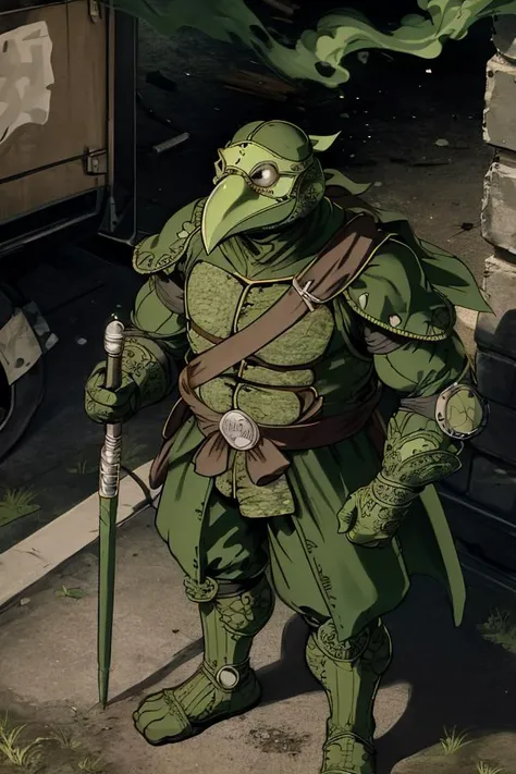 tmnt , <lora:tmnt87v2:0.9>, highres, sharp focus, ((intricate details)), highly detailed, green gas, green smoke, green fog, plague doctor, mask, gloves, plague doctor mask, bandage, tabard, medieval, tall, muscular, standing, in ruins, outdoors, <lora:plague doctor:0.6>