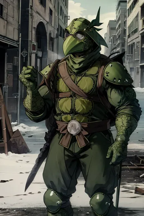 tmnt , <lora:tmnt87v2:0.9>, highres, sharp focus, ((intricate details)), highly detailed, green gas, green smoke, green fog, plague doctor, mask, gloves, plague doctor mask, bandage, tabard, medieval, tall, muscular, standing, in ruins, outdoors, <lora:plague doctor:0.6>