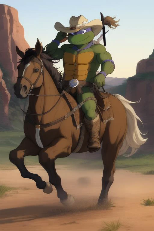 tmnt riding horse, western, cowboy hat, lasso <lora:tmnt87v2:0.9>
