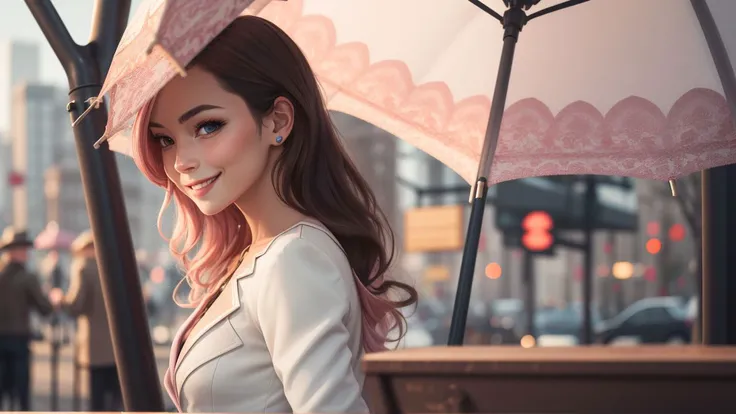 (masterpiece, best quality:1.2),<lora:rwby_neopolitan_noai-11:1>,cowboy shot,solo,1girl,neopolitan,smile,closed mouth,looking at viewer,parasol,heterochromia,brown eyes,pink eyes,white cropped jacket,leotard under clothes,pants,belt,