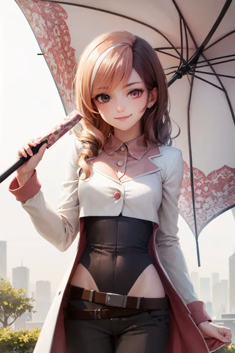 (masterpiece, best quality:1.2), <lora:rwby_neopolitan_noai-11:1>, cowboy shot, solo, 1girl, neopolitan, smile, closed mouth, looking at viewer, parasol, heterochromia, brown eyes, pink eyes, white cropped jacket, leotard under clothes, pants, belt