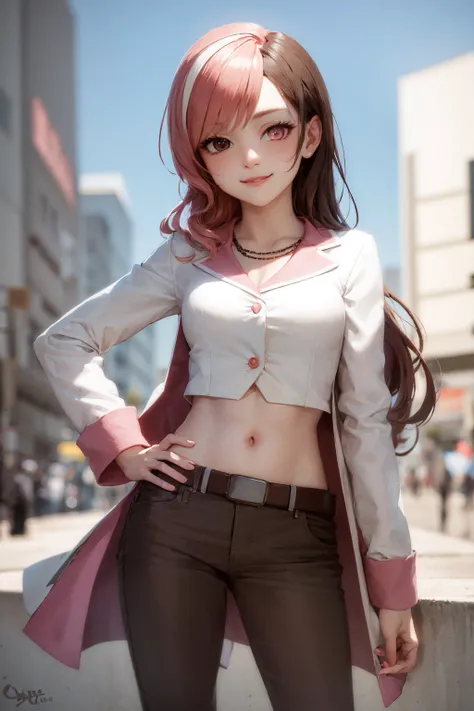 (masterpiece, best quality:1.2), <lora:rwby_neopolitan_noai-11:1>, cowboy shot, solo, 1girl, neopolitan, smile, closed mouth, looking at viewer, hand on hip, heterochromia, brown eyes, pink eyes, white cropped jacket, pants, belt