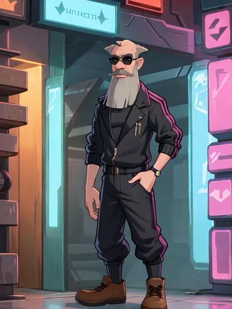 tihon, solo, looking at viewer, 1boy, standing, full body, grey hair, male focus, facial hair, brown footwear, beard, mustache, old man <lora:tihon-10 (1):0.6>
black sunglasses, gangstar, rich, high, synthwave, stunning, curvy, smouldering eyes, red pouty lips, , (unreal engine:1.1), nightcity, neon, (Cyberpunk), futuristic, neon, urban, dystopian, (revealing clothing)