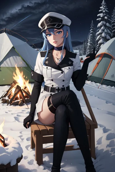 (masterpiece, best quality),  intricate details,
1girl,     <lora:esdeath-10:0.8> esdeath, long hair, hat, peaked cap, military, uniform, military uniform, choker, thighhighs, boots, thigh boots, chest tattoo
snow, winter, cold, camping, sitting on stool, campfire, tent, night, starry sky,