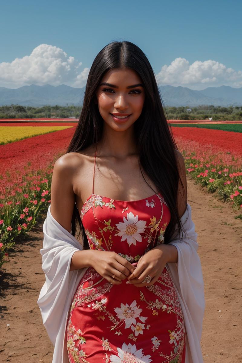 A woman in a red dress standing in a field of flowers - SeaArt AI