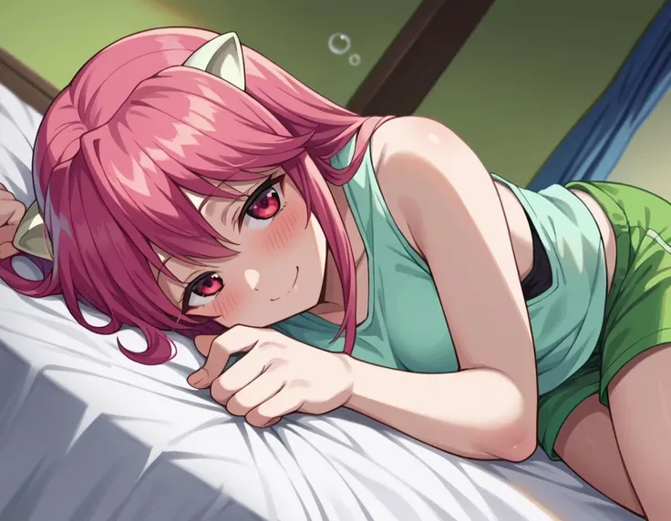 score_9, score_8_up, score_7_up, source_anime,
elfenliedlucy, <lora:elfen-lied-lucy-ponyxl-lora-nochekaiser:1>
lucy, long hair, pink hair, horns, pink eyes, smile,
shorts, tank top, green shorts, white tank top,
indoors, bed, bed room, on side, blush, drunk,
looking at viewer, dutch angle, cowboy shot,