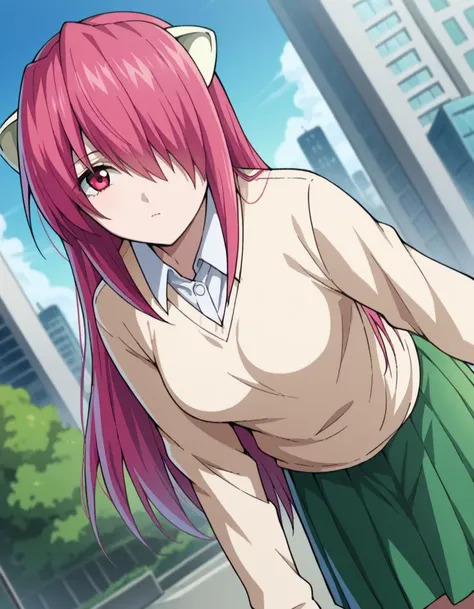 score_9, score_8_up, score_7_up, source_anime,
elfenliedlucy, <lora:elfen-lied-lucy-ponyxl-lora-nochekaiser:1>
lucy, long hair, pink hair, horns, pink eyes, hair over one eye,
long sleeves, sweater, skirt, green skirt, pleated skirt, shirt, white shirt, collared shirt, frills,
outdoors, cityscape, bent over,
looking at viewer, dutch angle, cowboy shot,