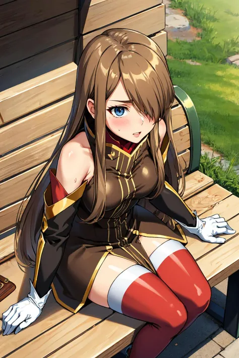 masterpiece, best quality, teargrants, hair over one eye, brown dress, bare shoulders, detached sleeves, white gloves, red thighhighs, sitting, from above, surprised, blushing, red face, bench, wooden building, town <lora:teargrants-nvwls-v1-000008:0.9>