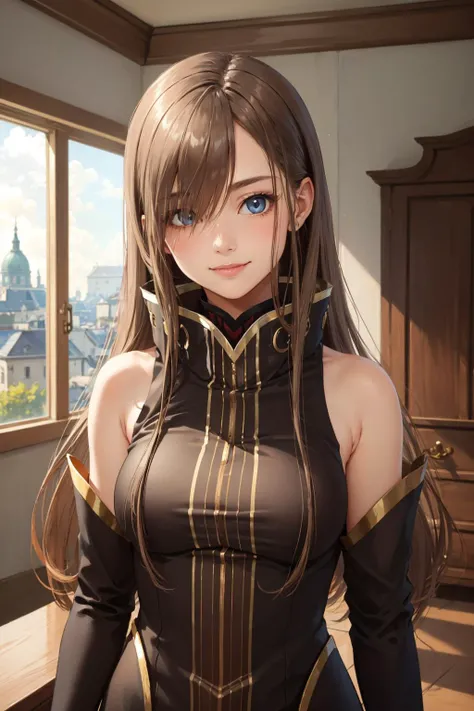 masterpiece, best quality, teargrants, hair over one eye, brown dress, bare shoulders, detached sleeves, white gloves, upper body, looking at viewer, smile, old building, room <lora:teargrants-nvwls-v1-000008:0.9>