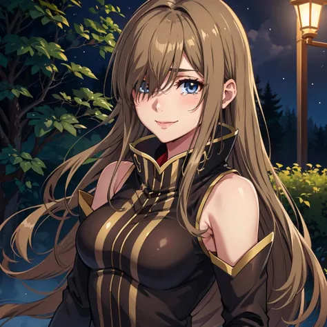 <lora:teargrants-nvwls-v1-final:0.8> teargrants, hair over one eye, brown dress, bare shoulders, detached sleeves, white gloves, red thighhighs, black boots
masterpiece, best quality, absurdres, forest, night, dark upper body, smile, crying