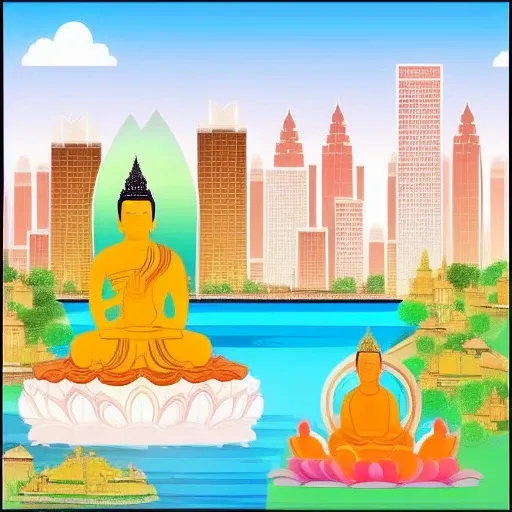 city and buildings in the background, sitting in a lotus position colors muted, less color
