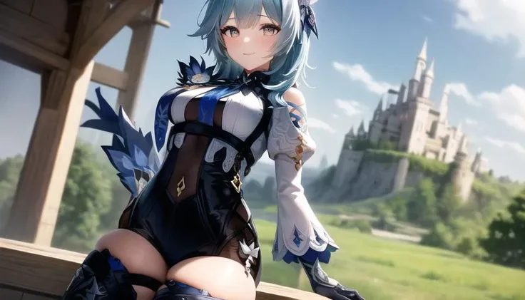 masterpiece, best quality, 8k wallpaper, ((1girl at the front,)), eula (genshin impact), blue medium hair, blue eyes, detailed ornament, medium breast,<lora:eulaGenshinImpact_v10>, smile, detailed, (castle at the background,), fantasy, wheat field, river, dirt road, clear sky, looking at the viewer, blue small tie, slim, proffesional lighting, blush,