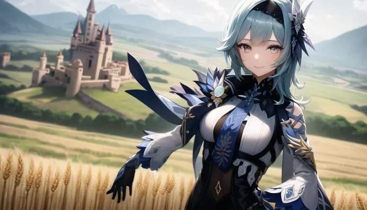 masterpiece, best quality, 8k wallpaper, ((1girl at the front,)), eula (genshin impact), blue medium hair, blue eyes, detailed ornament, medium breast,<lora:eulaGenshinImpact_v10>, smile, detailed, (castle at the background,), fantasy, wheat field, river, dirt road, clear sky, looking at the viewer, blue small tie, slim,