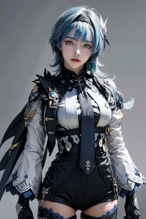 (best quality, masterpiece:1.4), absurdres, ultra-detailed CG, 8k, high detailed, beautiful face, detailed face, 1girl, solo, <lora:eulaGenshinImpact_v10:1>, euladef, blue hair, hairband, toned, shiny skin, head tilt, standing still, ((grey background)), bloom, light particles, depth of field, cowboy shot, straight-on,