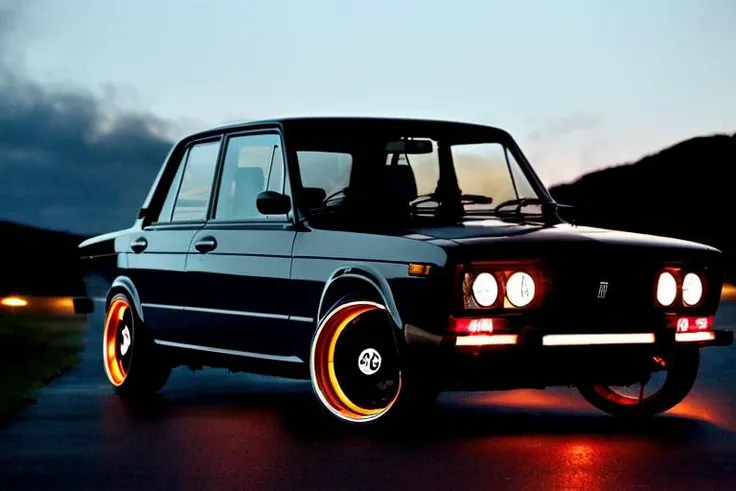 (((night))), (((dark))), (STANCE), sports car, vehicle focus, road, ((need for speed)),((NFS)), moving, wet, neon lights,drift,<lora:VAZ2106:0.8>, (VAZ2106)