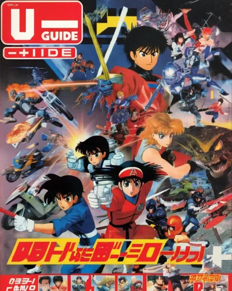 Action Anime Anthology: TV Guide cover featuring a montage of iconic action anime heroes from the 80s, promising high-octane battles and adrenaline-pumping adventures, action anime:0.8, high-octane:0.7, battles:0.7, adrenaline-pumping:0.6, iconic:0.6. , Retro_Magazine , <lora:Retro_Magazine:0.75>