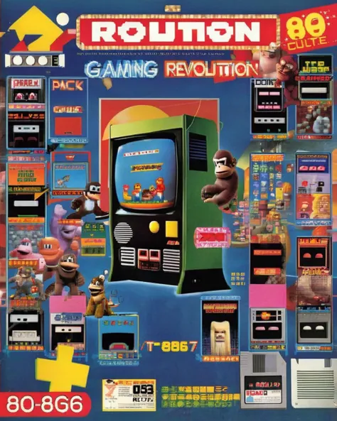 Retro Gaming Revolution: A TV Guide cover featuring classic 80s video game consoles and characters like Pac-Man and Donkey Kong, promising a nostalgic trip through the birth of gaming culture, retro gaming:0.8, nostalgia:0.7, classic characters:0.7, gaming culture:0.6, pixelated:0.6.<lora:Retro_Magazine:1.0>