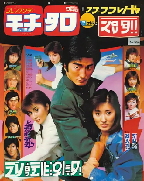 Dynamic Duos: TV Guide cover featuring iconic duos from 80s TV, such as "City Hunter's" Ryo Saeba and Kaori Makimura, promising action-packed adventures and memorable partnerships, dynamic duos:0.8, action-packed:0.7, memorable:0.7, partnerships:0.6, iconic:0.6.<lora:Retro_Magazine:1.0>