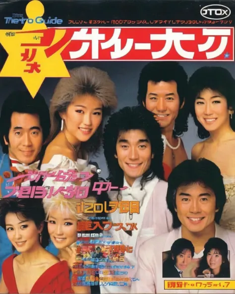 Jazzed Up Jingles: A TV Guide cover featuring the musical stars of the 80s, including Tatsuro Yamashita and Seiko Matsuda, promising a melodic journey through the era's chart-topping hits, musical stars:0.8, chart-topping:0.7, melodic journey:0.7, nostalgia:0.6, pop culture:0.6. , Retro_Magazine , <lora:Retro_Magazine:0.75>