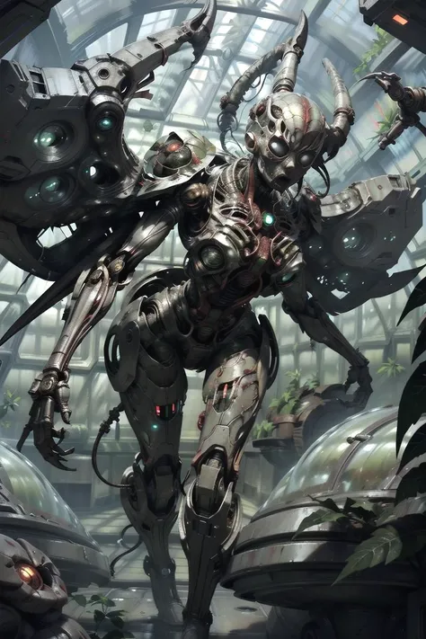 <lora:fantastic_characters_v4:0.9>, (fantchar), running, <lora:BodHor-V1:0.7>, (spider web:1.5), (futuristic robot with a huge brain and jet turbines:1.5), (mechanical_wings:1.7), cables, (radio_antenna:1.5), (sonar), ((wires connected to portable fusion reactor)), (scifi lab:1.5), monitors with scientific data, mechanical_halo, (blood vessels connected to tubes), (mechanical vertebra attached to back), mechanical_parts, biohazard, moss, decay, rotten skin, bio warfare, alien vegetation, (alien planet vegetation:1.5), (futuristic greenhouse:1.6),