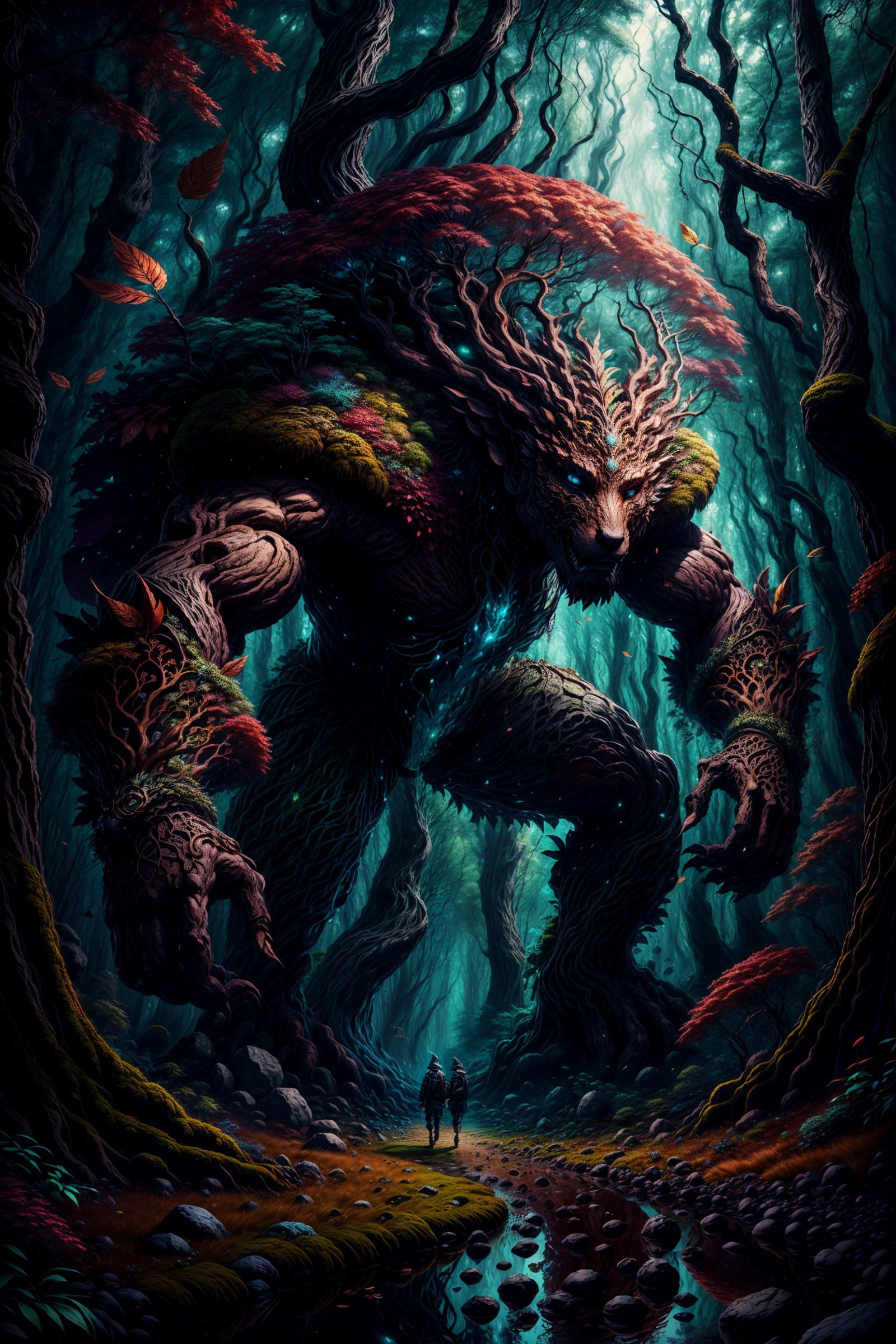 an earth elemental, made of wood and stones, roots, leaves, moss, huge and mighty, walking in a fantasy forest, vivid colors, fanstasy, dream, masterpiece, intricate details, <lora:fantasy00d:0.7>, <lora:add_detail:0.5>, <lora:fantchar_v4:0.3> fantchar