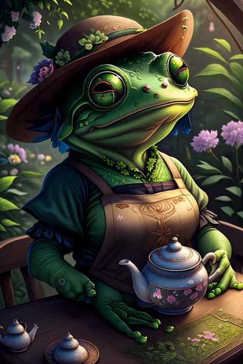 fantchar, an adorable frog creature in a brown apron and flowery hat and having tea in a lush garden, humanoid, artistic, intricate, highly detailed