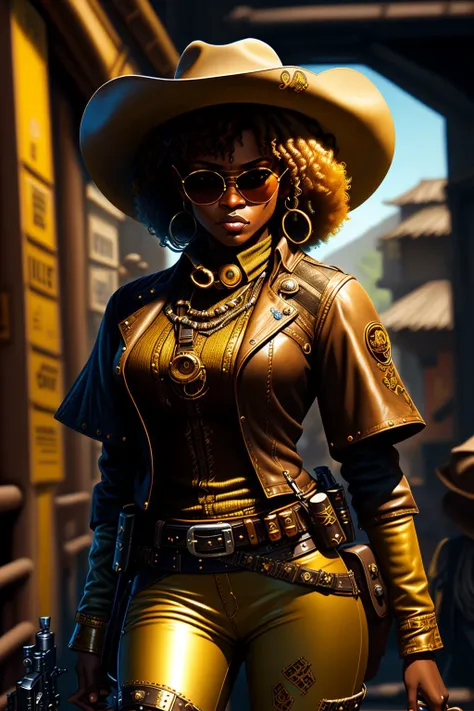 fantchar, a black woman as a space cowboy wearing a cowboy hat and gold rim sunglasses, leather pants and leather jacket, yellow shirt, cowboy hat, afro hairstyle, western, gun, bandolier, bounty hunter, close-up, stylish, fashion, highly detailed, realistic, solo