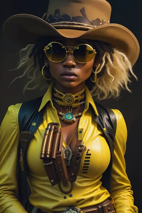 fantchar, a black woman as a space cowboy wearing a cowboy hat and gold rim sunglasses, leather pants and leather jacket, yellow shirt, cowboy hat, afro hairstyle, western, gun, bandolier, bounty hunter, close-up, stylish, fashion, highly detailed, realistic, solo