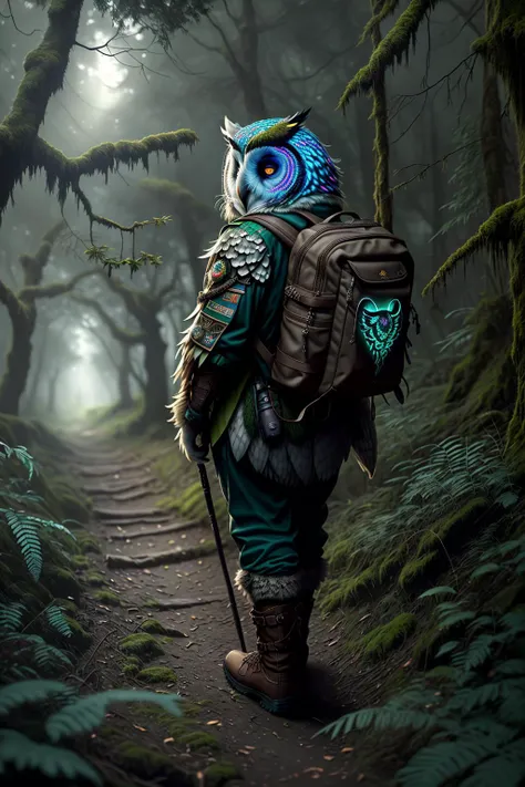 fantchar, an owl character walking through a mossy trail in a brightly lit forest, wearing a backpack and feathered cap, hiking boots, intricate, highly detailed, realistic, solo