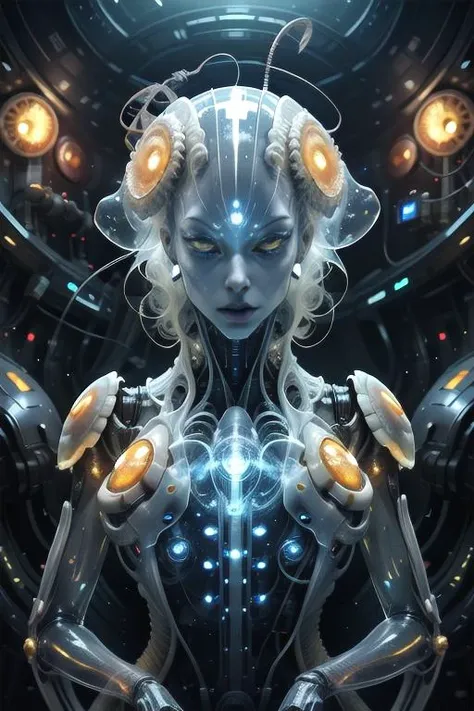 <lora:fantastic_characters_v4:0.9>, (fantchar), running, <lora:BodHor-V1:0.3>, interplanetary bounty hunter, (futuristic translucent shellfish alien with a huge brain and jet turbines:1.5), (translucent_hair:1.5), (mechanical_wings:1.0), cables, (radio_antenna:1.5), (sonar), ((wires connected to portable fusion reactor)), (scifi lab:1.5), monitors with scientific data, mechanical_halo, (blood vessels connected to tubes), (mechanical vertebra attached to back), mechanical_parts, (spacecraft:1.6),