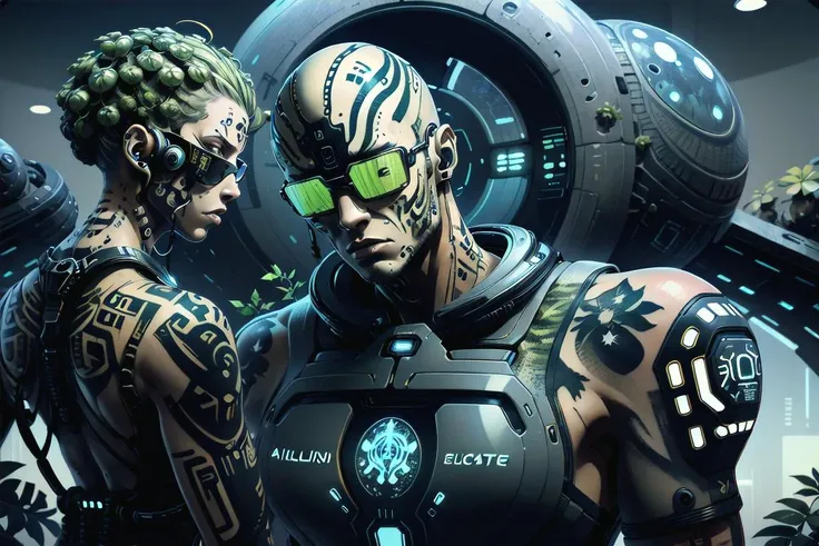 <lora:fantastic_characters_v4:0.9>, (fantchar), walking, <lora:BodHor-V1:0.3>, (athletic scifi humanoid scholar:1.5), (sunglasses), (scifi business attire), (tattoo:1.7), (head phones), muscle definition, alien vegetation, (alien planet vegetation:1.5), long wavy hair, dark_skin, neon signs on spacesuit,