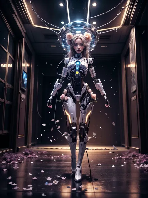 Masterpiece, best quality, chaos, elegant, vivid colors, atmospheric, a female robot, on spaceship, wires, sparks, lights, elegant, holograms of flowers blooming, in motion, dramatic, full body, organic composition, fantchar,  <lora:fantchar_v4:0.8>