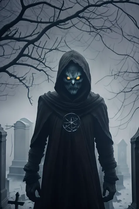 fantchar, a frightening creature with a demonic face and a wraith body walking through a foggy moonlit cemetery at night, ghostly, hooded, fire eyes, transparent, spectral, vapor, realistic, candles, moon, ceremonial, smoke, creepy, terrifying, terror, horror, pentagram, highly detailed, intricate