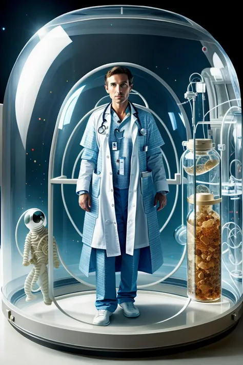 fantchar, a futuristic doctor trapped in a giant glass jar on an alien space ship, realistic, intricate, highly detailed