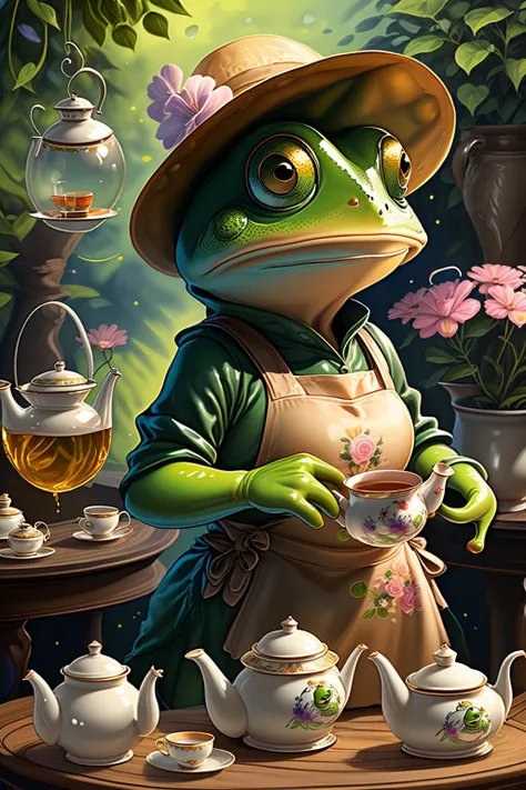 fantchar, an adorable frog creature in a brown apron and flowery hat and having tea in a lush garden, humanoid, artistic, intricate, highly detailed