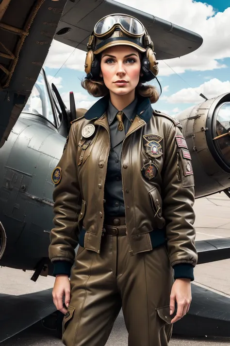 fantchar, a female ww2 pilot wearing a bomber jacket and aviator sunglasses standing in front of a prop airplane, helmet with visor, brown bomber jacket with badges and patches, military, steampunk, daytime, clouds, sky, realistic, highly detailed, intricate