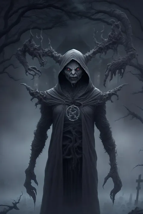 fantchar, a frightening creature with a demonic face and a wraith body walking through a foggy moonlit cemetery at night, ghostly, hooded, fire eyes, transparent, spectral, vapor, realistic, candles, moon, ceremonial, smoke, creepy, terrifying, terror, horror, pentagram, highly detailed, intricate