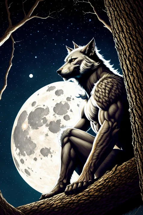 fantchar, a werewolf perched on a tree limb with night sky and a full moon in the background, stars, full moon, bare limbs, realistic, intricate, highly detailed