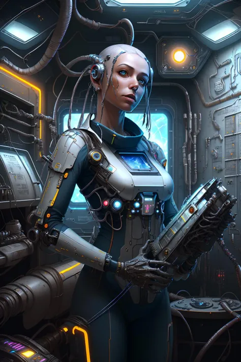 fantchar, a futuristic mechanic in a space ship, wrench, mechanical, wires, space engine, window to space, repair, lights, high tech tools, sci-fi, realistic, intricate, highly detailed