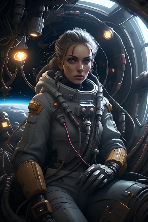fantchar, a futuristic mechanic in a space ship, wrench, mechanical, wires, space engine, window to space, repair, lights, high tech tools, sci-fi, realistic, intricate, highly detailed