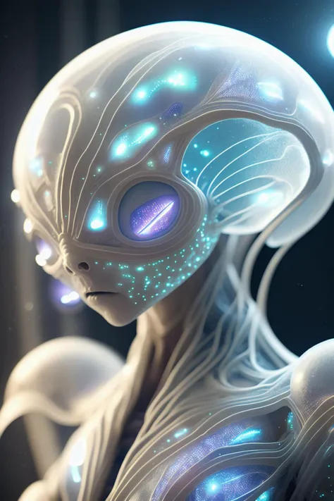 fantchar, a translucent ethereal alien with delicate features in a sci-fi setting, glowing from within, sparks and lights, moonlight, moon, close-up, realistic, highly detailed, intricate