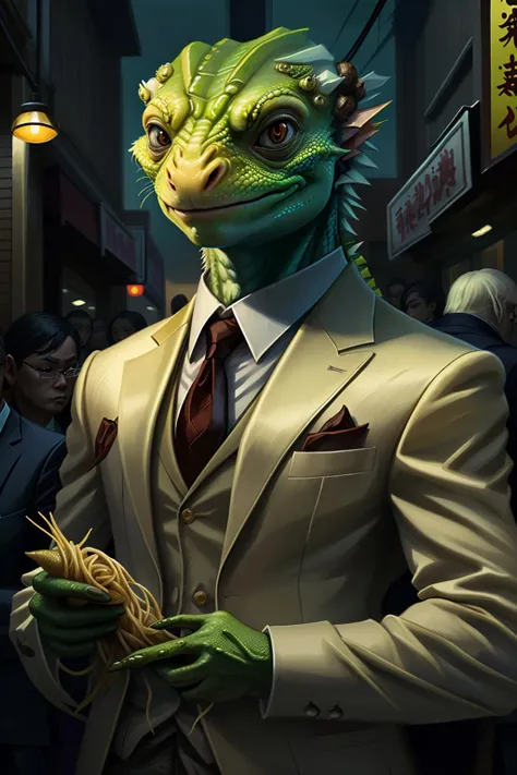 fantchar, a lizard like lawyer in a business suit waiting in line outside a popular noodle restaurant, scaled skin, casual, crowded, realistic, intricate, highly detailed