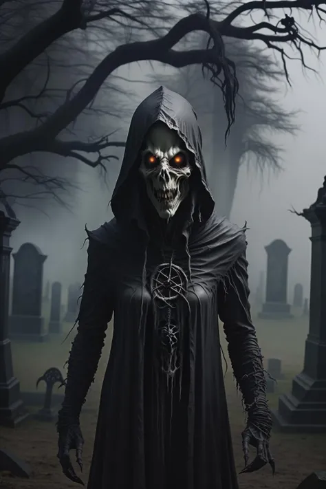 fantchar, a frightening creature with a demonic face and a wraith body walking through a foggy moonlit cemetery at night, ghostly, hooded, fire eyes, transparent, spectral, vapor, realistic, candles, moon, ceremonial, smoke, creepy, terrifying, terror, horror, pentagram, highly detailed, intricate