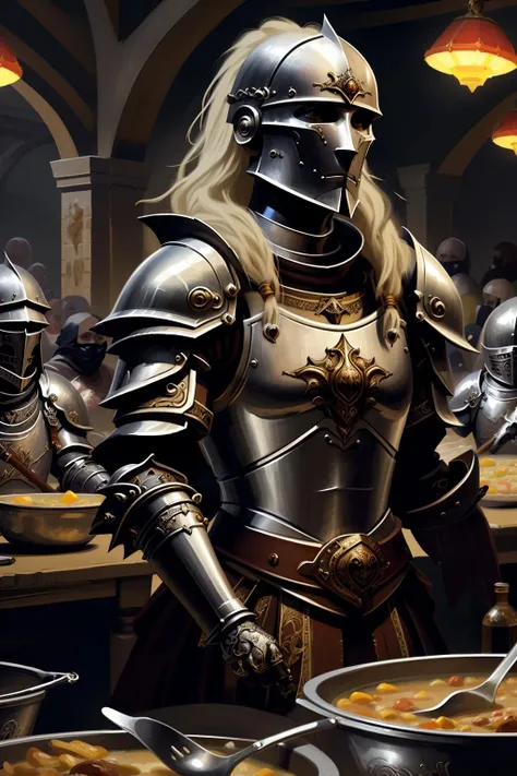 fantchar, a fantasy knight with textured ornate armor as a volunteer at a crowded soup kitchen, realistic, intricate, highly detailed