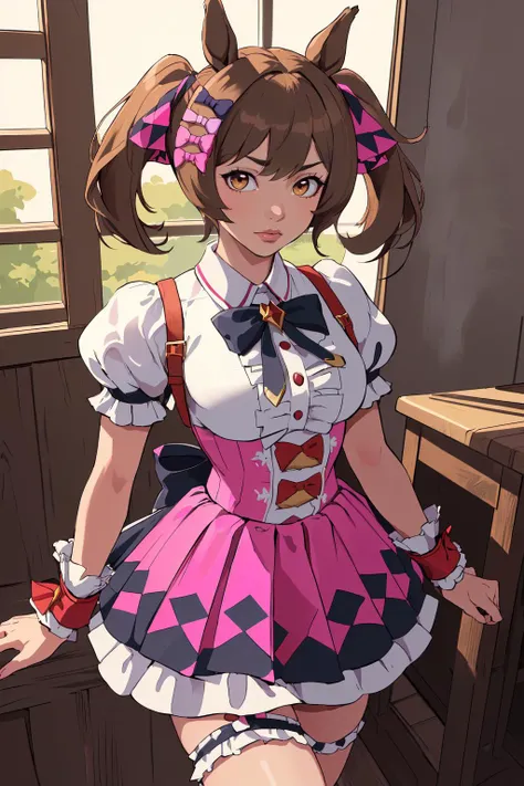 (masterpiece,best quality,absurdres,beautiful,sharp,detailed),1girl,smartfalcon, twintails, hair bow, horse ears, horse tail,frills, white shirt, puffy short sleeves, wrist cuffs, pink skirt <lora:umamusume_smartfalcon:0.8>